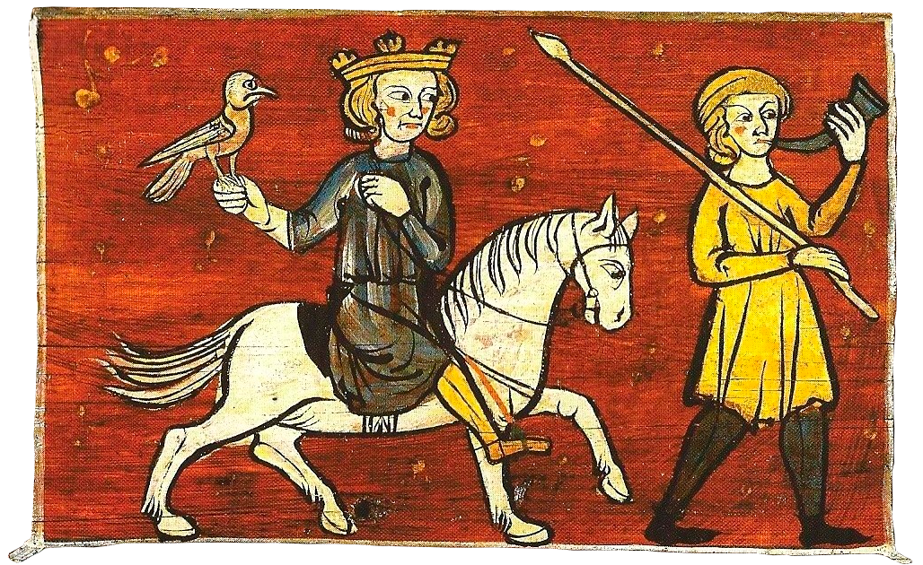 Representació de Jaume I amb falcó. Taula procedent del sostre enteixinat del palau medieval dels Conques de Montpeller, Montpeller, Musée Languedocien (ca. 1261)
